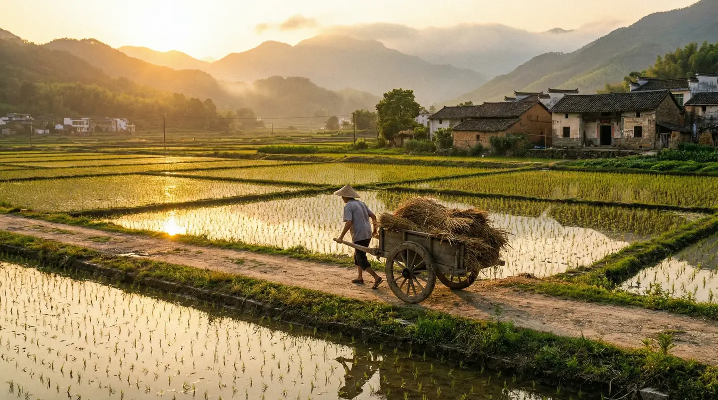 低头看我们结合的地方作文 - 金色夕阳下的乡村田野，老农推着木车行走在田埂上
