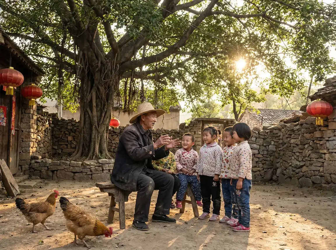 老人在大榕树下给孩子们讲故事 - 低头看我们结合的地方作文 乡村记忆